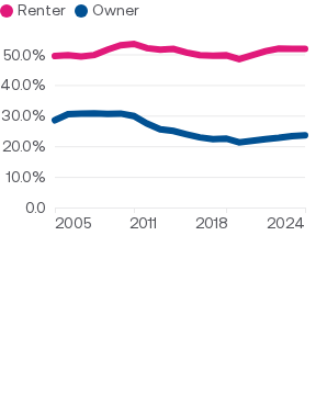 A higher share of renter households are cost-burdened than owner households.